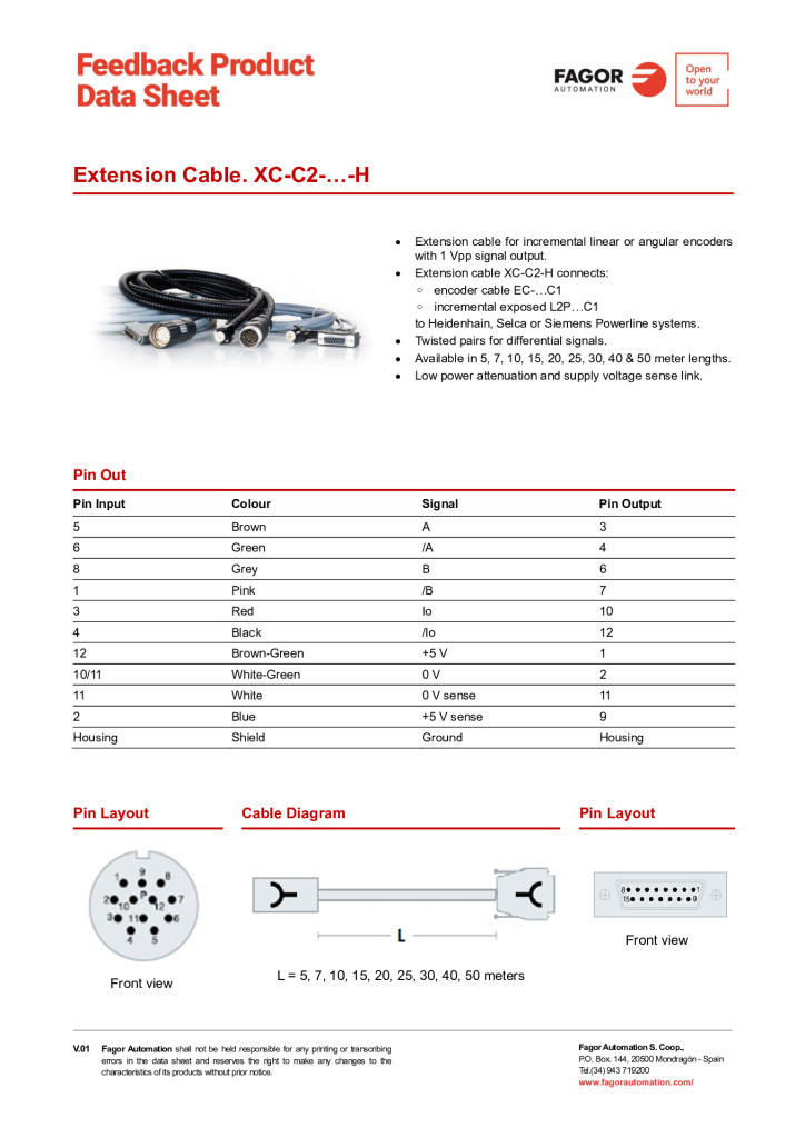 Data Sheet Extension Cable XC-C2-H