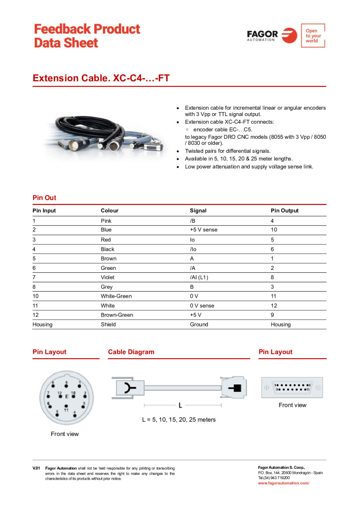 Data Sheet Extension Cable XC-C4-FT