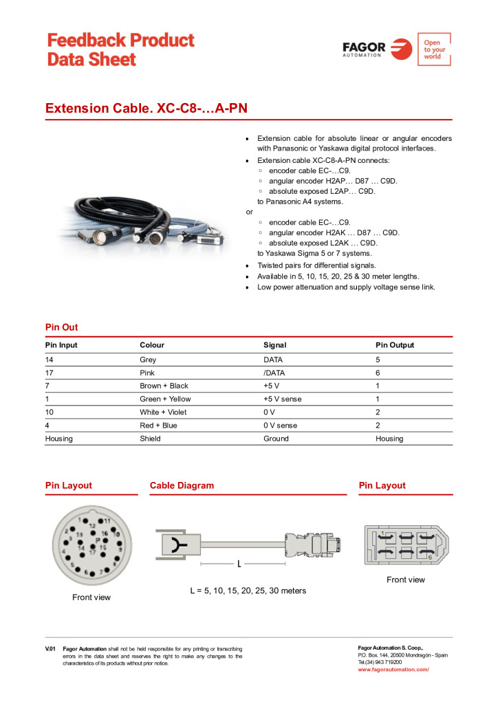 Data Sheet Extension Cable XC-C8-A-PN