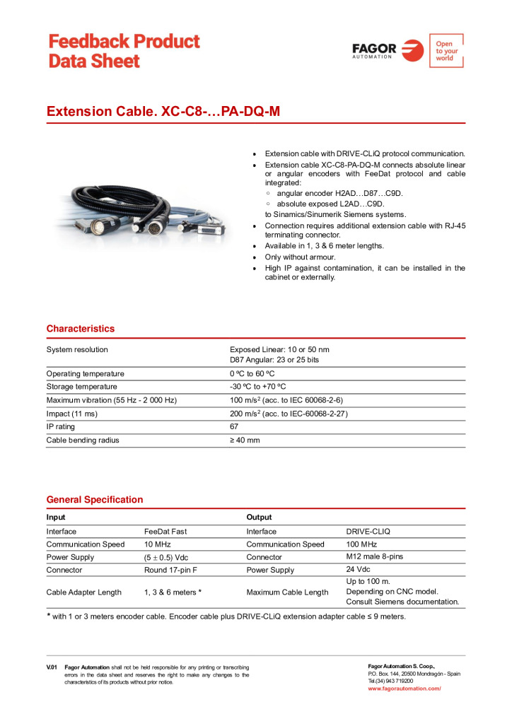 Data Sheet Extension Cable XC-C8-PA-DQ-M