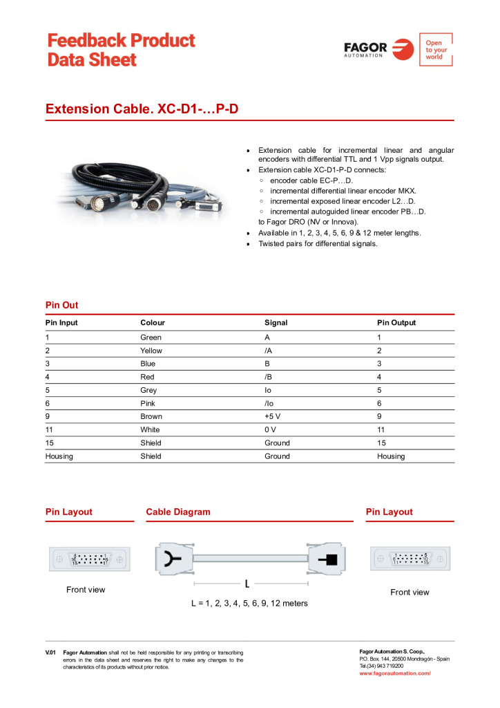 Data Sheet Extension Cable XC-D1-P-D