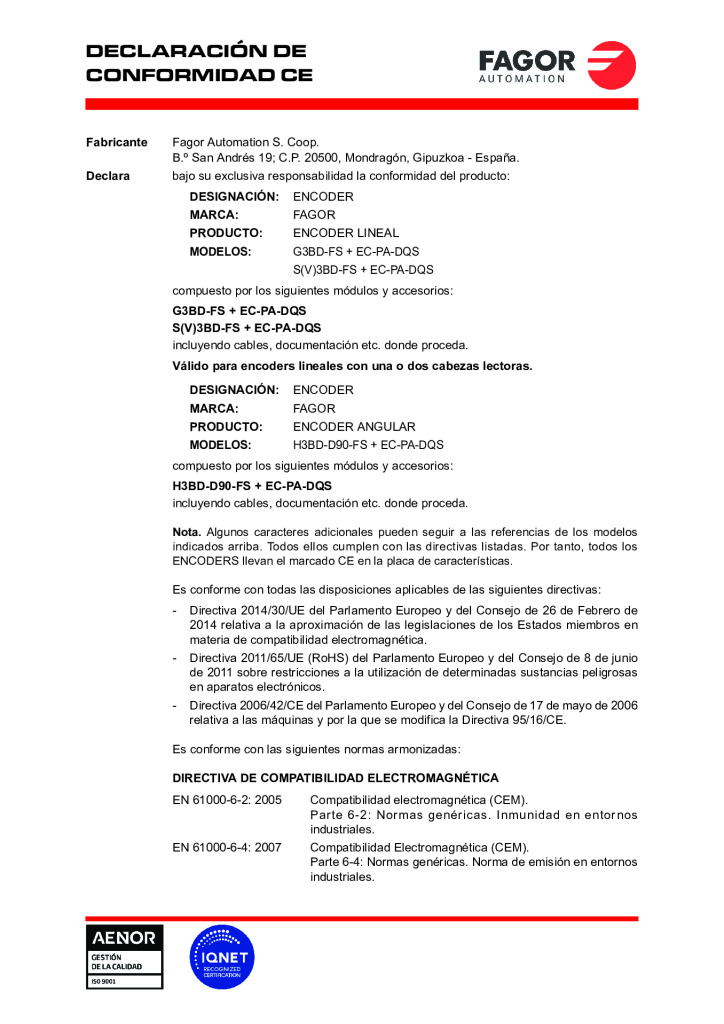 Linear and Angular Encoder Safety. EC declaration of conformity