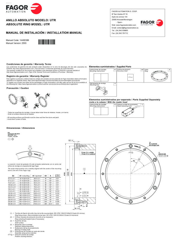 UT model absolute angular encoder without integral bearings – ring installation